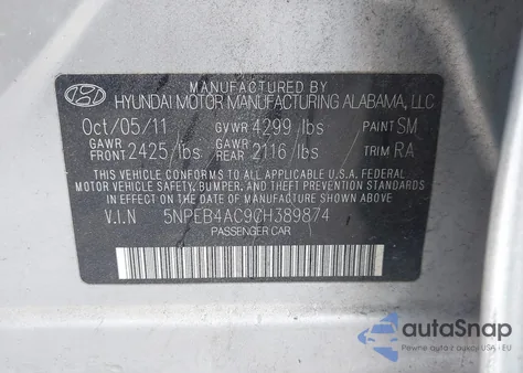 2012 Hyundai Sonata Gls z USA, uszkodzony, nr VIN 5NPEB4AC9CH389874